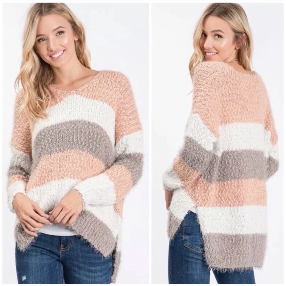 Blush Pink Striped Fuzzy Eyelash Popcorn Sweater